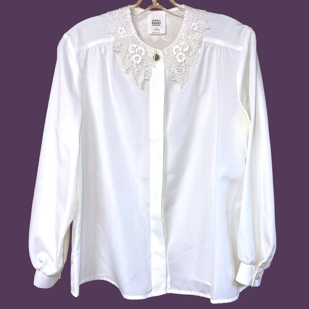 Vintage Nikki Lace Collar Blouse White Petite 10 Secretary Cottagecore